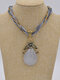 Vintage Inlaid Rhinestones Alloy Flowers Drop-shaped Turquoise Pendant Colorful Beaded Winding Chain Necklace - Gray