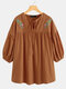 Flower Embroidery Puff Sleeves Casual T-shirt For Women - Orange