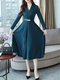 Women's Aline Dress Fashion V Neck Long Sleeve Solid Color Midi Dress - Blue