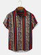 Mens Leopard & Striped Patchwork Lapel Vacation Short Sleeve Shirts - Red