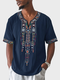 Herren-T-Shirts mit ethnischem geometrischem Muster und Patchwork, gekerbtem Hals, kurzärmelig - Marine