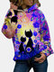 Cartoon Cat Print Long Sleeve Hoodie For Women - Purple