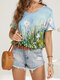 Frauen Pflanzen Calico Print V-Ausschnitt Kurzarm Casual T-Shirt - Blau