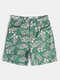 Mens Tropical Leaf Print Vacation Cotton Mid Length Denim Shorts - Green