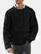 Mens Plain Pure Color Cable Knit Crew Neck Casual Pullover Sweaters - Black
