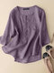 Women Embroidered Pocket Half Button Casual 3/4 Sleeve Blouse - Purple