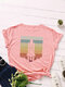 Spaceship Stripe Print O-neck Short Sleeve Casual T-Shirt For Women - Dark Pink