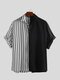 Mens Cool Patchwork Stripe Contrast Color Casual Short Sleeve Shirts - Black