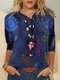 Flower Printed Long Sleeve Turn-down Collar Blouse For Women - Blue