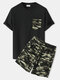 Mens Camo Pattern Cargo Shorts Waffle Knit Two Pieces Outfits - Black