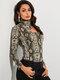 Snakeskin Cut Out High Neck Long Sleeves Casual Shirts - Khaki