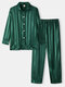 Damen Gestreifte Satin-Pyjamas-Sets mit Knöpfen und hohem, niedrigem Saum - Dunkelgrün