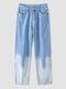 Tie Dye Pocket Zip Button Loose Straight Leg Denim Jeans - Blue