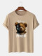 100% Cotton Mens Mechanical Bear & Letter Print Short Sleeve T-Shirt - Khaki