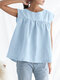 Camiseta sin mangas de algodón sin mangas con cuello redondo y plisado liso para mujer Cuello - azul
