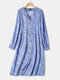 Printed Button Fly V-neck Bishop Sleeve Bohemian Dress - Blue