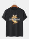 Mens Hi Meow Cartoon Cat Print 100% Cotton O-Neck Short Sleeve T-Shirt - Black