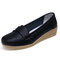Women Casual Genuine Leather Solid Color Wedges Heel Loafers - Black