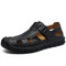 Men Hand Stitching Leather Non-slip Hook Loop Casual Outdoor Sandals - Black
