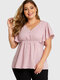 Solid Color Ruffle Short Sleeve V-neck Plus Size Button T-shirt - Light Pink
