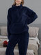 Women Pure Plush Fluffy Kangaroo Pocket Pullover High Neck Zip Front Home Pajama Set With Jogger Pants - Navy