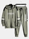 Mens Letter Print Striped Patchwork Drawstring Hoodies Two Pieces Outfits - Green