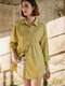 Solid Button Front Pleated Long Sleeve Lapel Shirt - Yellow