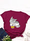 Cartoon Cat Printed O-neck Short Sleeve T-shirt - Wine Red