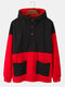 Mens Color Block Patchwork Button Up Double Pockets Casual Hoodie - Red