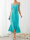 Solid Color Sleeveless Backless Knotted Breasted Ruffle Hem Strap Sexy Dress - Blue