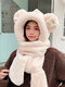Women Plush Solid Color Cartoon Bear Decorated One-piece Glove Scarf Hat Anti-cold Ear Protection Beanie Hat - Beige