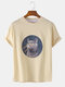 Mens Russian Blue Cat Graphic Print Casual Loose O-Neck T-Shirts - Beige
