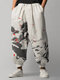 Herren-Hose mit chinesischem Tuschmalerei-Druck, lockere Taille mit Kordelzug, Winter - Weiß