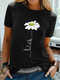 Повседневная футболка с коротким рукавом с простой цветочной вышивкой - Черный