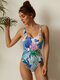 Print One Piece Swimwear U Back Wide Shoulder Straps Women Beachwear - Blue