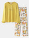 Plus Size Women Cotton Cartoon Animal Letter Print Cute Long Pajama Sets - Yellow