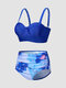 نساء رخامية طباعة Ruched Underwire بيكيني عارية الذراعين سريع الجفاف - أزرق