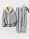 Women Fluffy Plush Thicken Lapel High Low Hem Loungewear Warm Pajamas Set - Gray