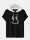 Mens Funny Face Print Contrast Casual Short Sleeve Hooded T-Shirts - Black
