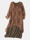 Floral Print Button V-neck Long Sleeve Pocket Fake Two Pieces Dress - Brown