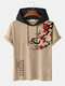 Mens Plum Bossom Character Print Contrast Short Sleeve Hooded T-Shirts - Khaki