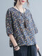 Floral Print High-low Drawstring Hem 3/4 Sleeve Plus Size T-shirt - Blue