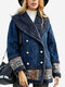 Casual Patch Print Faux Suede Double-breasted Winter Coat - Navy