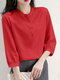 Solid Button 3/4 Sleeve Stand Collar Blouse For Women - Red