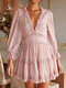 Bohemian Lantern Long Sleeve V-neck Ruffle Patchwork Dress - Pink 1