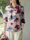 Women Floral Print Stand Collar Chinese Style 3/4 Sleeve Blouse - Purple
