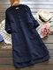 Solid Stand Collar Long Sleeve Pocket Button Vintage Dress - Navy