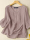 Damen-Bluse aus Baumwolle mit Spitzenbesatz, V-Ausschnitt, einfarbig, 3/4-Ärmel - Miniatur