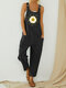 Daisy Flower Print Sleeveless Print Jumpsuit For Women - Black