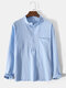 Mens Solid Color Stand Collar Cotton Long Sleeve Henley Shirts With Pocket - Blue